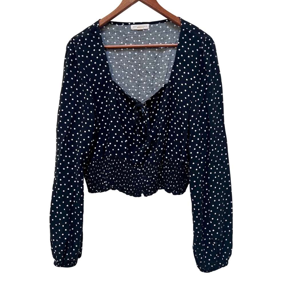 Aeropostale Womens Black White Polka Dot‎ Long Sleeve Smocked Crop Top Shirt XL